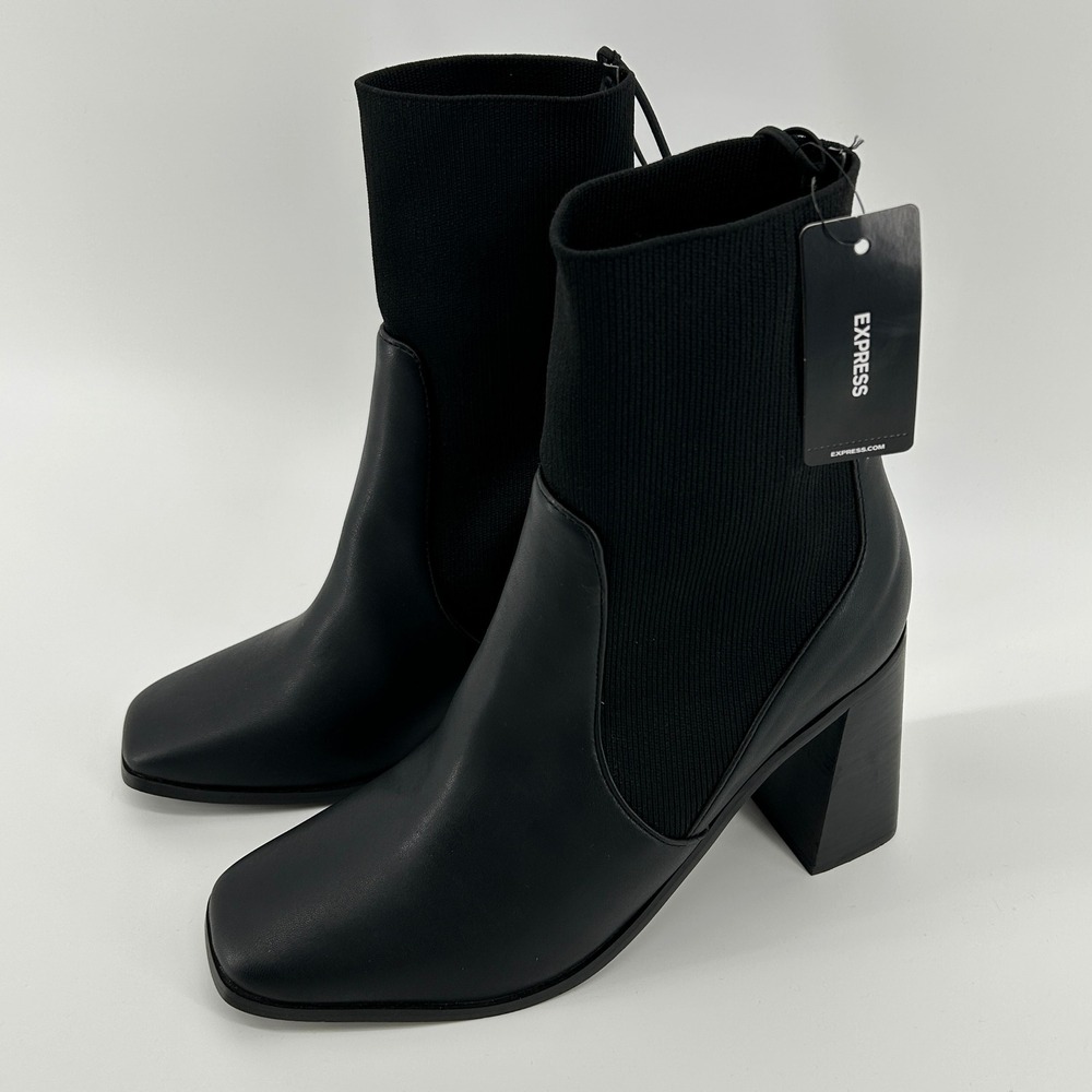 Express Black Square Toe Ribbed Sock Block Heel Booties 10 NWT Minimalist Modern